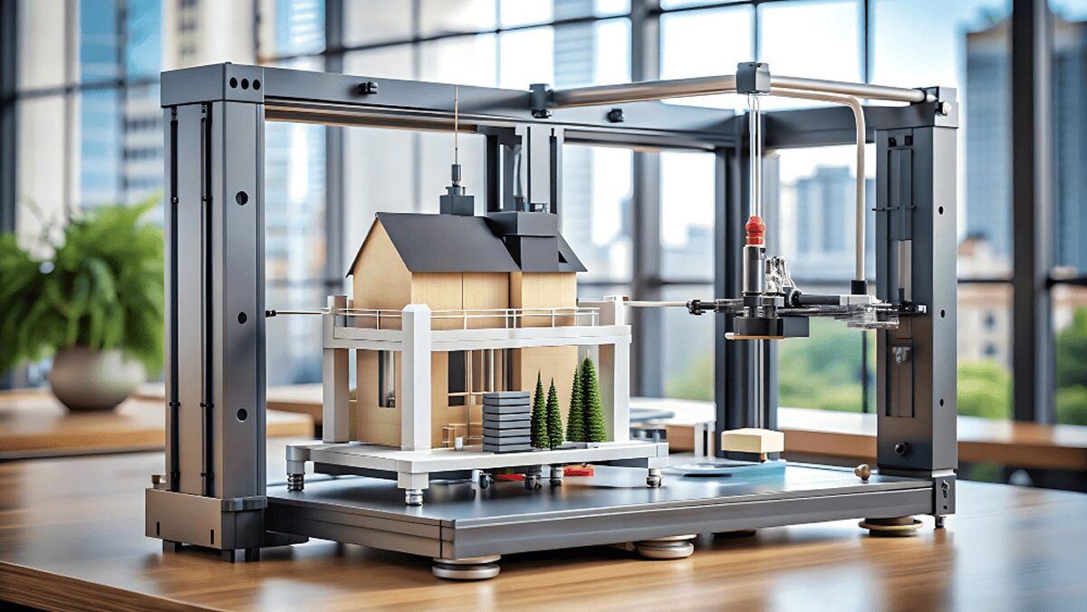3D printer creating a scale model of a residential building for construction planning and design